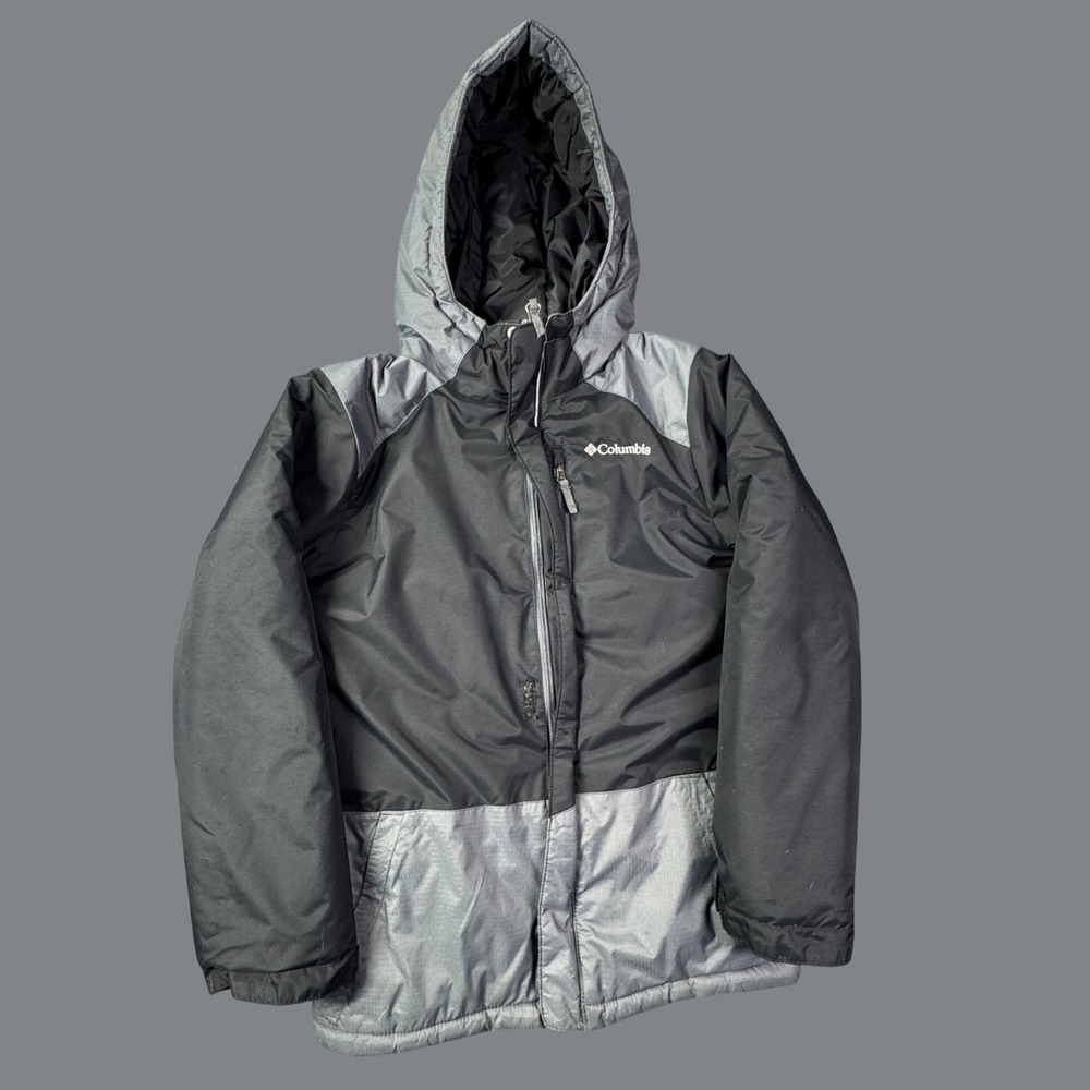 Columbia Hooded Puffer Jacket Kids M 10/12 Black Gray Winter Coat